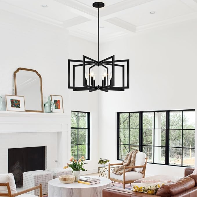 28" Modern Large Black Chandelier for Dining Room (8-Light, 28-Inch), Geometric Black Dining Room Light Fixture Over Table, Industrial Metal Hanging Pendant Lights for Kitchen Island, Entryway, Foyer