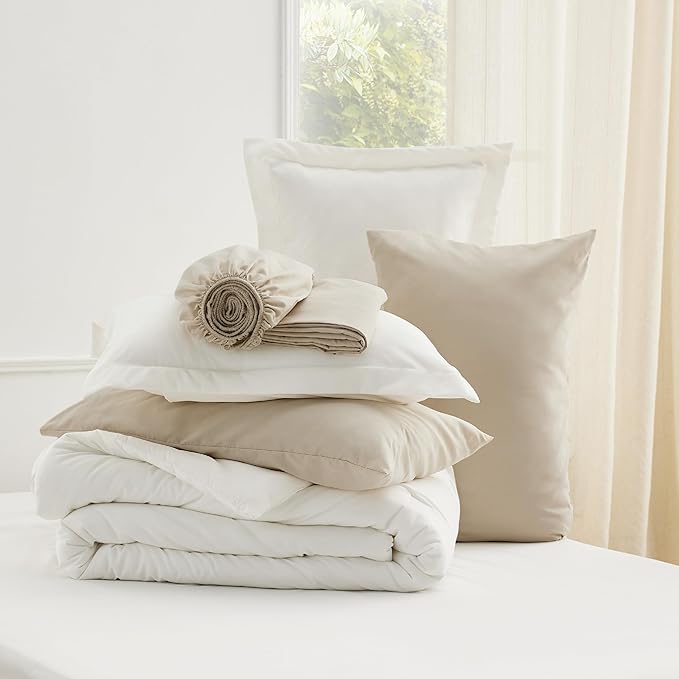 Bedsure Twin XL Comforter Set - Extra Long 5 Pieces White Twin XL Bedding Set for All Seasons, Boho Contrasting Design Bed in a Bag with Comforter, Sheets, Pillowcase & Sham