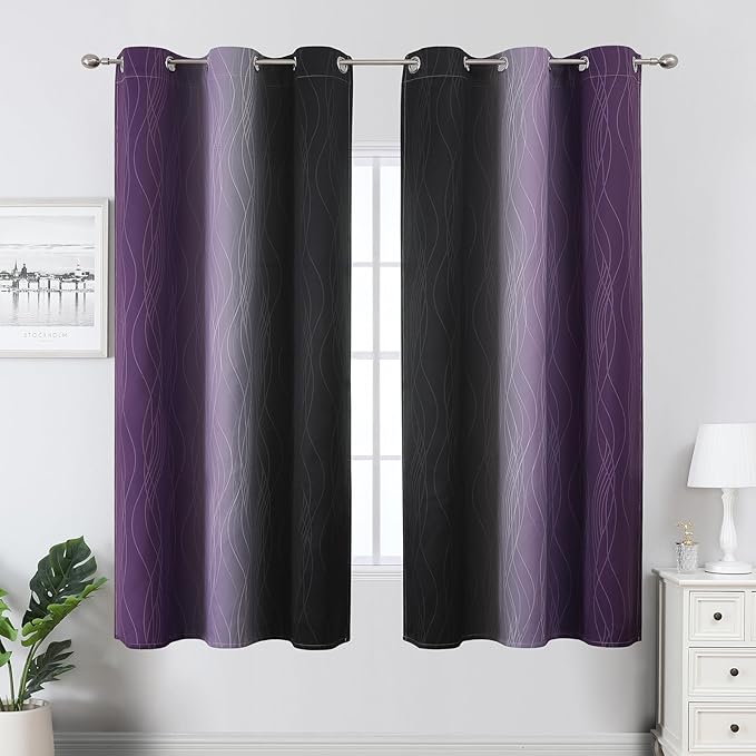 Estelar Textiler Purple and Black Ombre Blackout Curtains for Bedroom, Thermal Insulated Gradient Blackout Drapes, Full Room Darkening Energy Saving Curtains for Living Room, 42Wx63L, 2 Panels