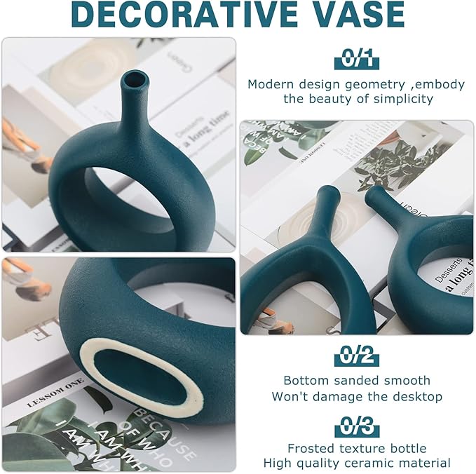 Green Ceramic Hollow Elliptical Vase Set of 2 - Boho Circle Vase with Hole, for Modern Green Table Decor, Living Room Decor Shelf mid Century Modern Home Entrance Decorative vase