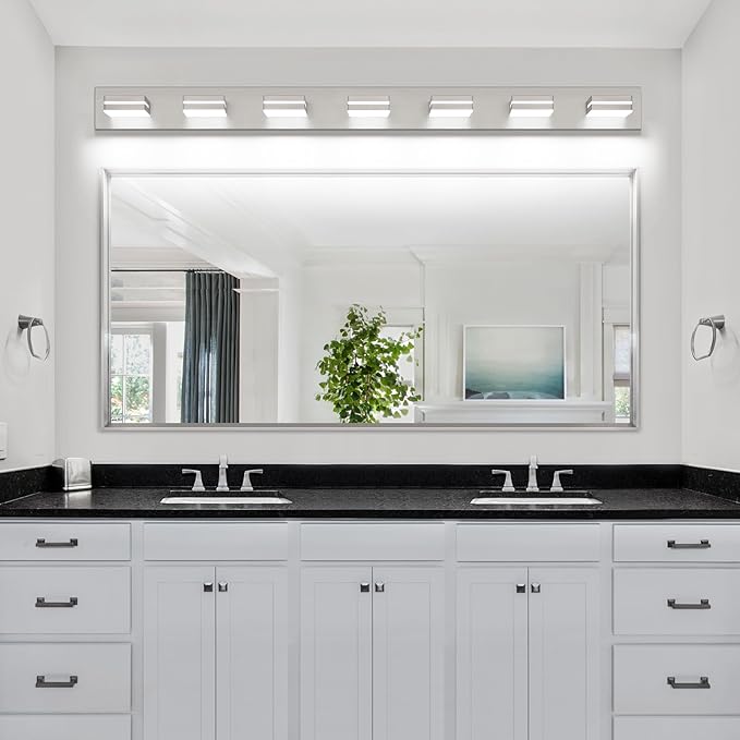 SineRise LED Modern Bathroom Vanity Light Fixtures (7-Light, 55-Inch, Dimmable), Brushed Nickel Modern Acrylic Bathroom Wall Lighting Fixtures Over Mirror (Cool White 6000K)