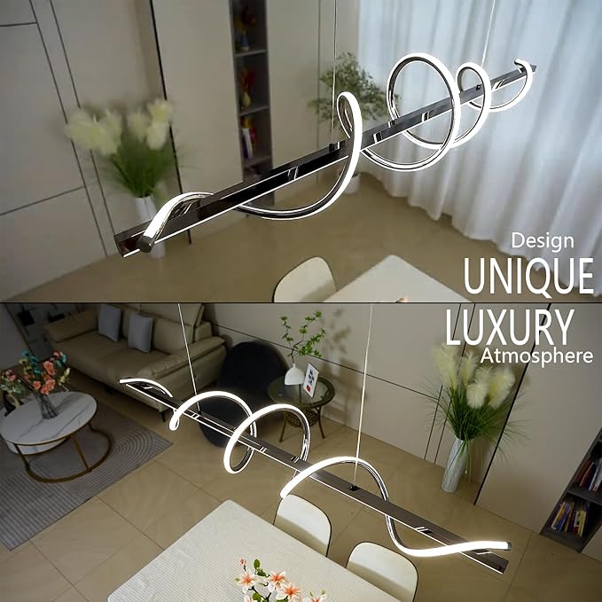 Modern Led Pendant Light for Kitchen Island Lighting 47.24" Black Modern Chandelier Dining Room Lighting Fixture Over Table Dimmable Ceiling Pendant Lights Creative Snake-Shaped Twist Design