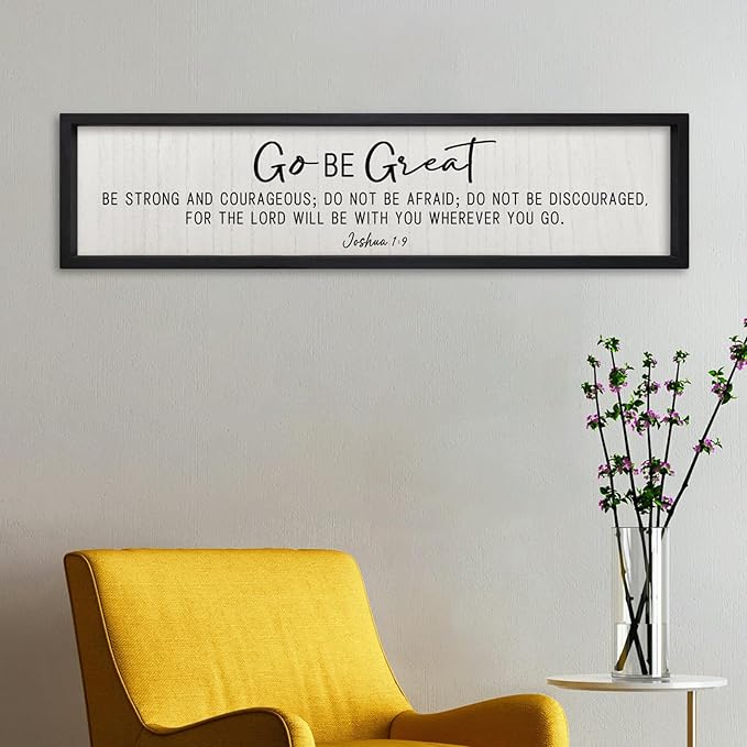 ZZJJHYWGQ Bible Verse Wall Decor Joshua 1:9 Sign 32"×8" Scripture Go Be Great Inspirational Quotes Rustic Christian Plaque Wood Framed Faith Farmhouse Catholic Living Room Wall Art Hanging (Black)