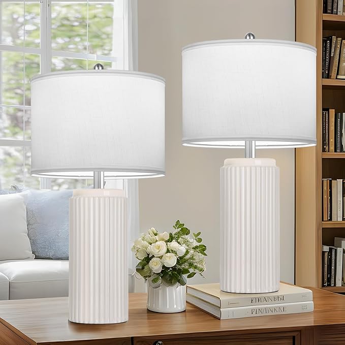 23.5’’ Beige Modern Ceramic Table Lamps Set of 2 for Living Room, Farmhouse Bedside Lamps with Upgraded White Linen Shade, Rustic Nightstand Lamps for Bedroom Home Office, Vintage End Table Dorm