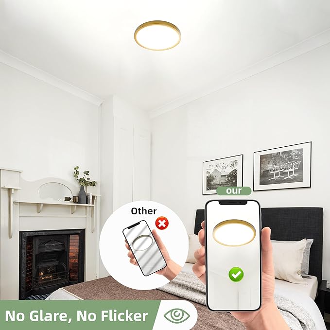 hykolity 12 Inch Selectable CCT LED Round Flat Panel Light, 24W 3000K/4000K/5000K, Edge-Lit Flush Mount Ceiling Light Fixture for Kitchen, Bedroom, Laundry and Closet Room,Gold