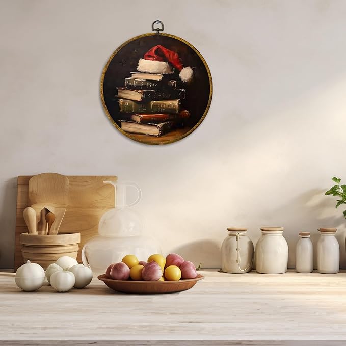 CUANFDDSF Vintage Christmas Book Round Wall Art Decor, Dark Moody Reading Bookish Wall Hanging Frame Decor, Antique Christmas Holiday Canvas Prints Decorations for Reading Room Library, 10x10 Inch