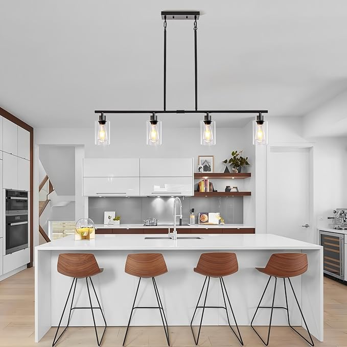 Kitchen Island Lighting, 4 Lights Linear Chandeliers Pendant Light Fixtures for Dining Room Farmhouse Hanging Light with Glass Shades(Black)