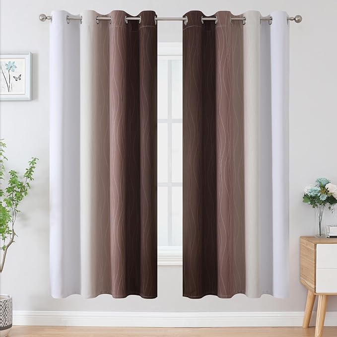 Estelar Textiler Brown and Greyish White Blackout Curtains 72 Inch Length 2 Panels Set, Full Room Darkening Grommet Ombre Curtains for Bedroom, Thermal Insulated Light Blocking Gradient Drapes,52Wx72L