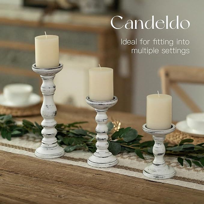 Wood Candle Holders for Pillar: Rustic Candles Holder Set of 3 Tall Table Centerpiece Decor Wooden White Farmhouse Decorations for Fireplace Mantle