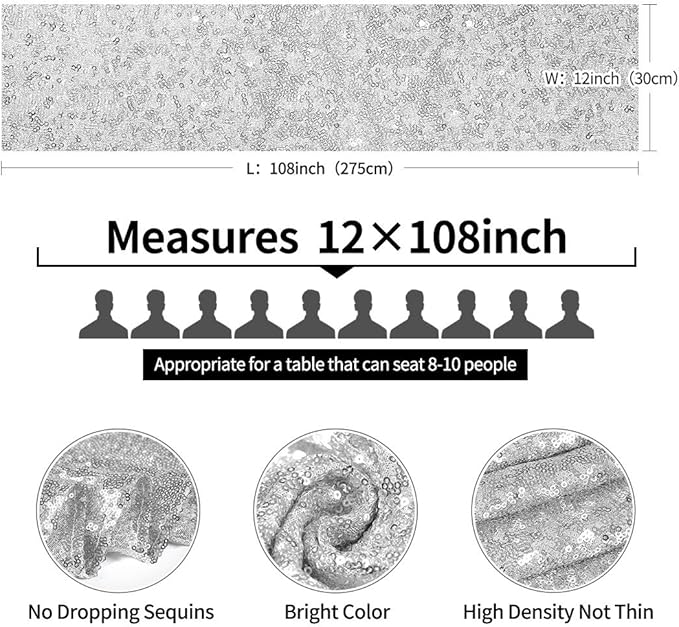 10 Packs 12 x 108 inches Silver Sequin Table Runner, Glitter Silver Table Runner for Wedding Birthday Bachelorette Holiday Party Supplies Decorations Bridal Shower Baby Shower