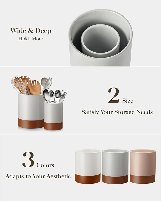 MALACASA Utensil Holder, 7.3"+5.5" Ceramic Kitchen Utensil Holder for Countertop, Large Cooking Utensil Crocks for Kitchen Counter, Farmhouse Utensils Organizer, Set of 2, Khaki Gray, Series TARA
