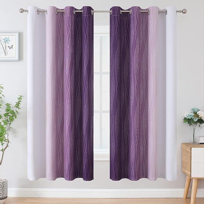 Estelar Textiler Purple and Greyish White Blackout Curtains 72 Inch Length 2 Panels Set, Room Darkening Grommet Ombre Curtains for Bedroom, Thermal Insulated Light Blocking Gradient Drapes, 52Wx72L