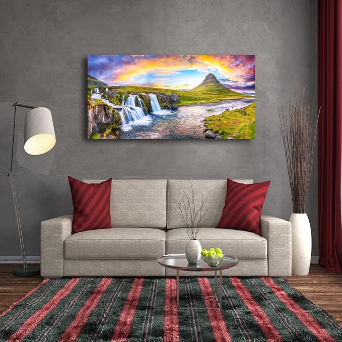 Waterfall Hill Pictures Canvas Wall Art For Living Room Bedroom Wall Decor,Hill Wall Art Print Paitnings for Home Decor,Morden Artwork Cloud Rainbow Canvas Art Waterproof Ready to Hang-20X40Inches