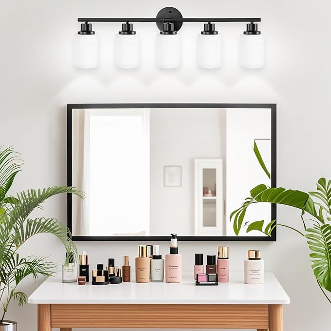 5-Light Matte Black Vanity Lights, Bathroom Light Fixtures with Milky White Frosted Striped Glass Shade, Modern Bathroom Lighting Fixtures Over Mirror Wall Sconce Light - E26 Base