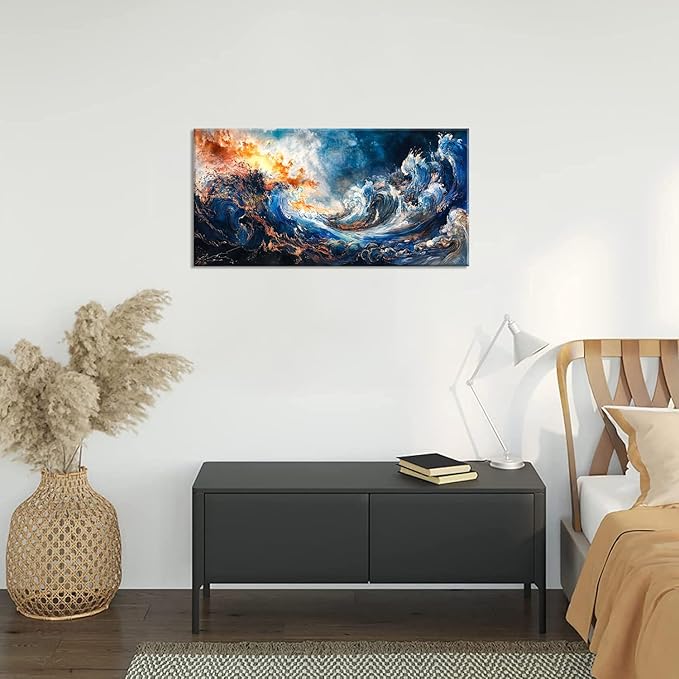 ZESTFLICKR Wall Art of Ocean Wave Abstract Canvas Blue Print Modern Artwork Pictures Magnificent for Living Room Bedroom Home Office Kitchen Decor (20x40 inches)