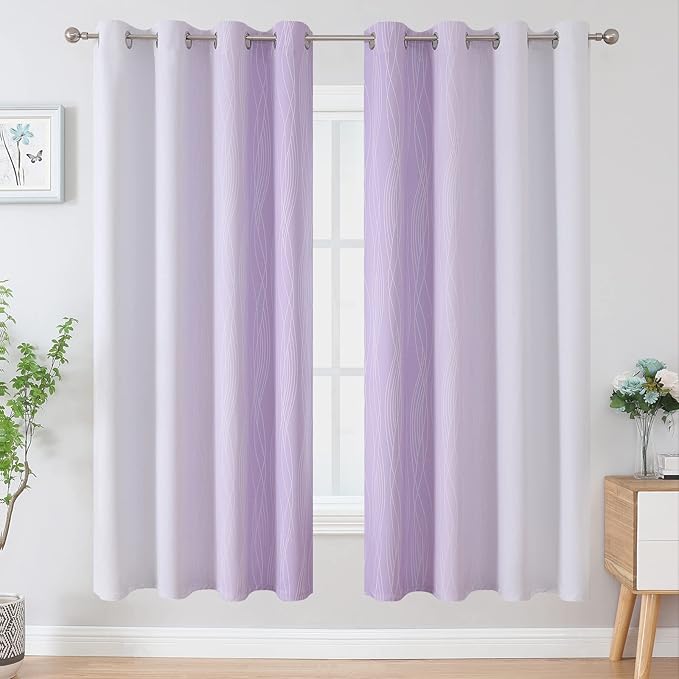 Estelar Textiler Lilac and Greyish White Gradient Blackout Curtains for Bedroom, Thermal Insulated Ombre Blackout Drapes, Room Darkening Energy Saving Curtains for Living Room,52Wx72L,2 Panels