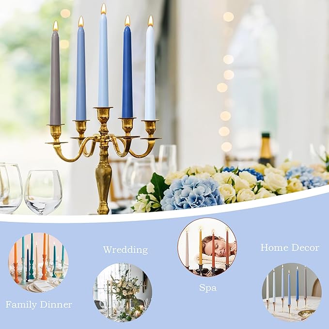 6Pcs Blue Taper Candles,10 Inch Gradient Color Blue Candle Sticks,Unscented Dripless Taper Candlesticks for Romantic Ocean Themed Wedding Party Kitchen Home Dinning Decor