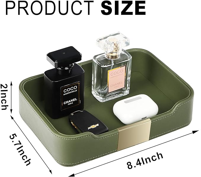 SANZIE Luxury Leather Tray Desktop Storage Catchall Organizer Decorative Tray for Entryway Table to Hold Jewelry Watch Keys Phone Wallet (Metal Glided, Green)