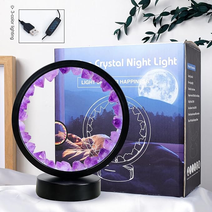 Runyangshi Amethyst Tooth Night Lamp 8.6" Natural Healing Crystal Bedside Lamp USB Port 3 Colours Dimming Mode Bedroom Lamp Suitable Night Light Ideal Gift