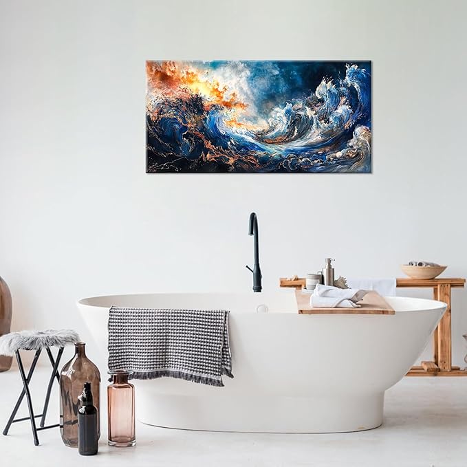 ZESTFLICKR Wall Art of Ocean Wave Abstract Canvas Blue Print Modern Artwork Pictures Magnificent for Living Room Bedroom Home Office Kitchen Decor (20x40 inches)