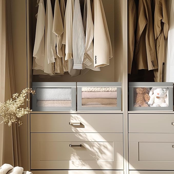 Storage Box with Lids - 7 Pack Fabric Clear Window Storage Bins, Decorative Bins with Handles, Large Foldable Organizer for Clothes, Towel, Blanket, Sheet, Grey