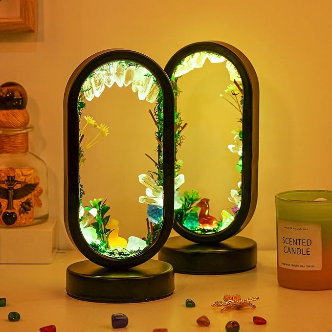 Runyangshi Natural Crystal Night Light LED Bedroom Living Room Night Lamp Oval Quartz Lamp USB Power Bionic Botanical Forest Style Tri-Color Adjustable Ambient Lighting Home Decoration Christmas Gift