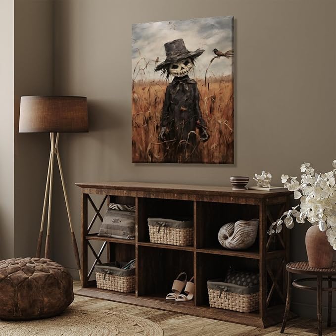 Vintage Fall Wall Art Cute Scarecrow in Field Posters Scarecrow Pictures Canvas Prints Autumn Cornfield Cottage Core Halloween Room Decor 16x24inch Unframed
