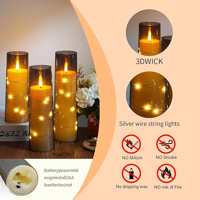 Flameless Candles,with Embedded Star String, Battery Operated Candles Flickering LED Pillar Candles with Remote Control and Timer, Home Decoration Add a Warm and Romantic Atmosphere,Set of 7 (Grey)