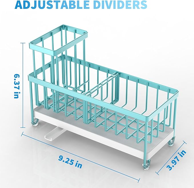 Cisily Turquoise Sponge Holder for Kitchen Sink, Sink Caddy Organizer with High Brush Holder, Kitchen Countertop Organizers and Storage Essentials, Rustproof 304 Stainless Steel, Soap Dispenser