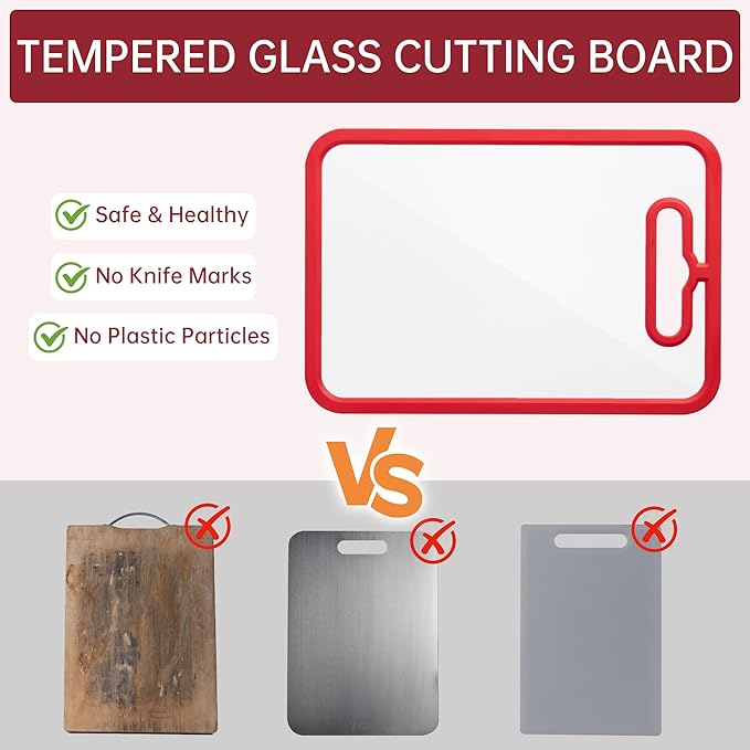 Tempered Glass Cutting Board for Kitchen Counter, Chopping Board with Non-Slip Edges, non toxic cutting board Set dishwasher safe, Heat & Shatter Resistant (Red 12.6"×8.6")