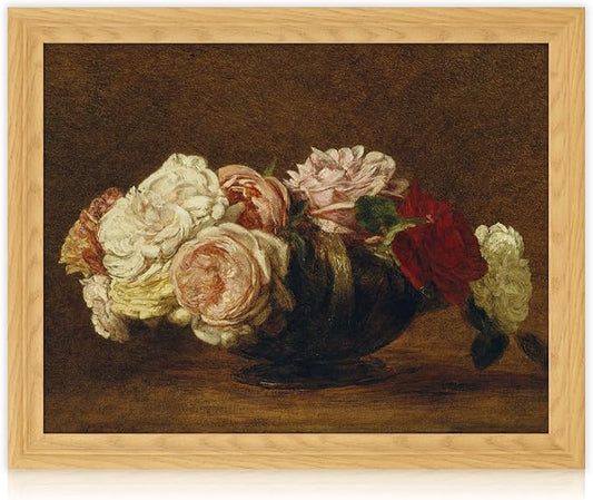 Brivoria Framed Canvas Wall Art Vintage Decor, Antique Floral Still Life Artwork with Roses and Rustic Autumn Tones for Living Room Bedroom Dining Room Fireplace or Gallery Wall Display, 16"x20"