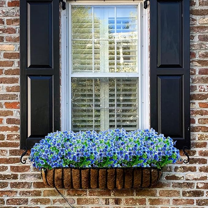 Artificial Faux Plants Flowers Outdoor Spring Summer Decoration, 16 Bundles Artificial Flowers Outdoor UV Resistant Fake Plastic Flowers Faux Plants for Planter Porch Patio Decor (16, Blue)