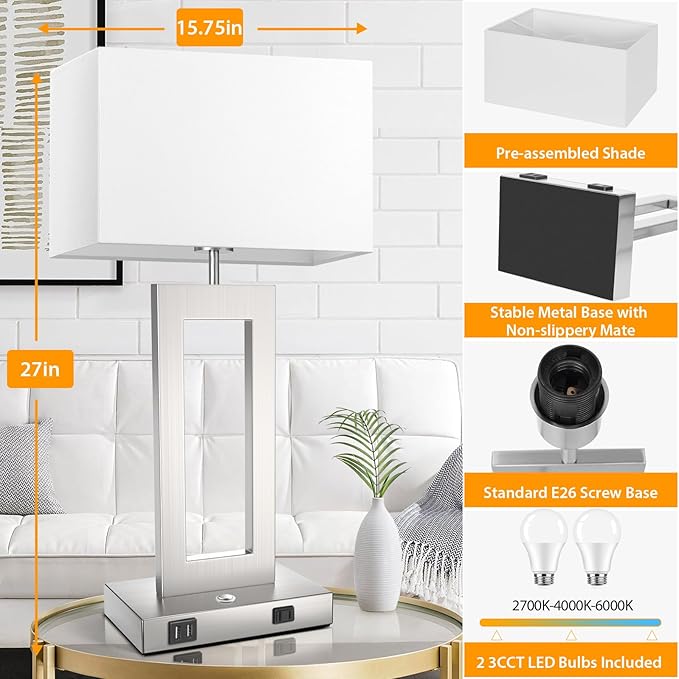 3 Way Dimmable Table Lamps for Bedrooms Set of 2, 27.2ββ Tall Modern Silver Lamps for Living Room Nightstand, Touch Control Bedside Lamps with 2 USB Ports&AC Outlet, Stepless Dimming, Bulbs Covered