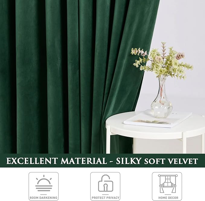 StangH Dark Green Velvet Curtains - Room Darkening Window Curtain for Bedroom, Privacy Panels for Kids Super Soft Chic Home Decoration for Christmas/Closet, W52 x L84, 2 Panels