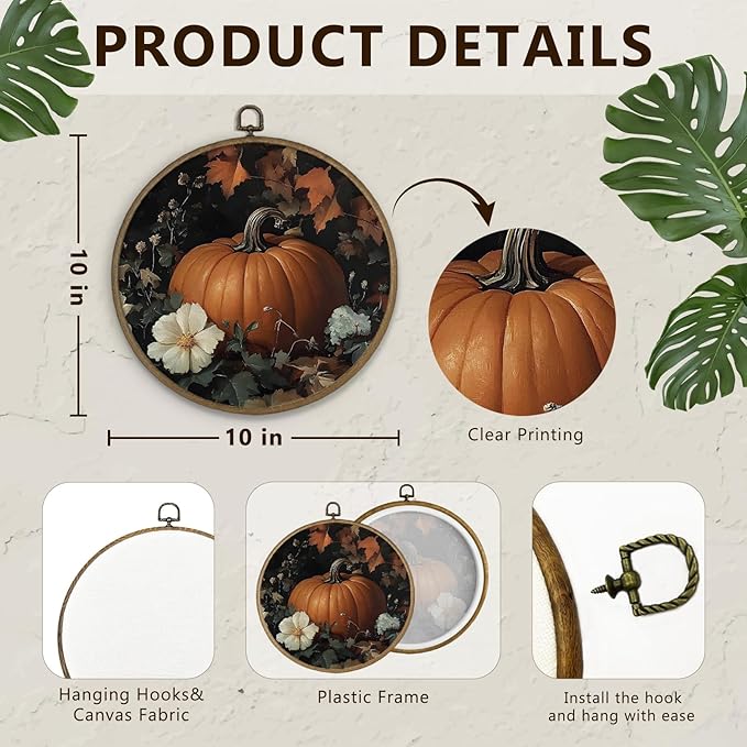 Gnmduw Fall Pumpkin Wall Art Framed, Pumpkin Wall Decor, Rustic Fall Thanksgiving Pumpkins Round Hanging Wall Decor, Halloween Pumpkin Canvas Prints Art for Cottage Core Living Room Bathroom,10x10 In