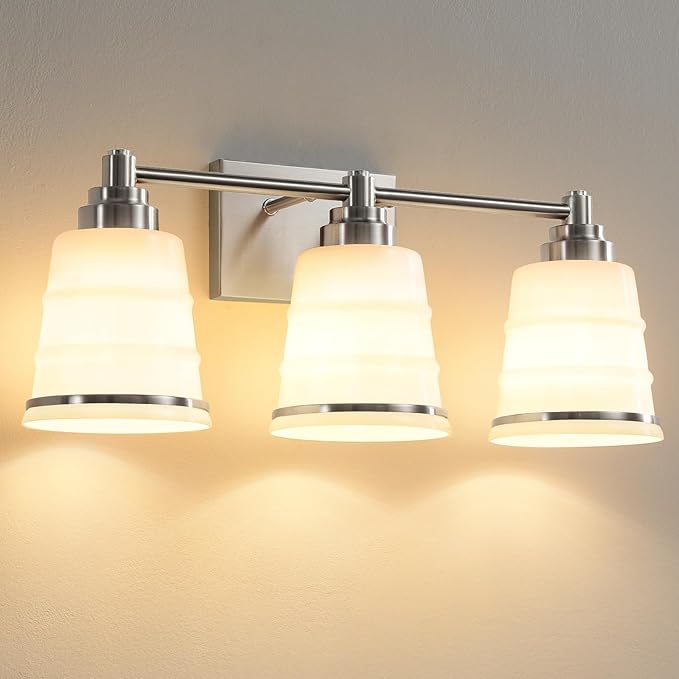 Brushed Nickel Bathroom Vanity Light Fixture, 3 Light Bathroom Light Fixtures Over Mirror with Milky Glass, Hardwired Modern Vanity Light for Bathroom(Exclude E26 Bulb)