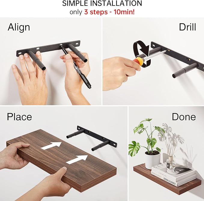 BAYKA Floating Shelves for Wall, Wall Mounted Rustic Wood Shelves for Bathroom, Bedroom, Living Room, Kitchen,Small Hanging Shelf for Books/Storage/Room Decor (Walnut-Like, Set of 3, 15.7in)