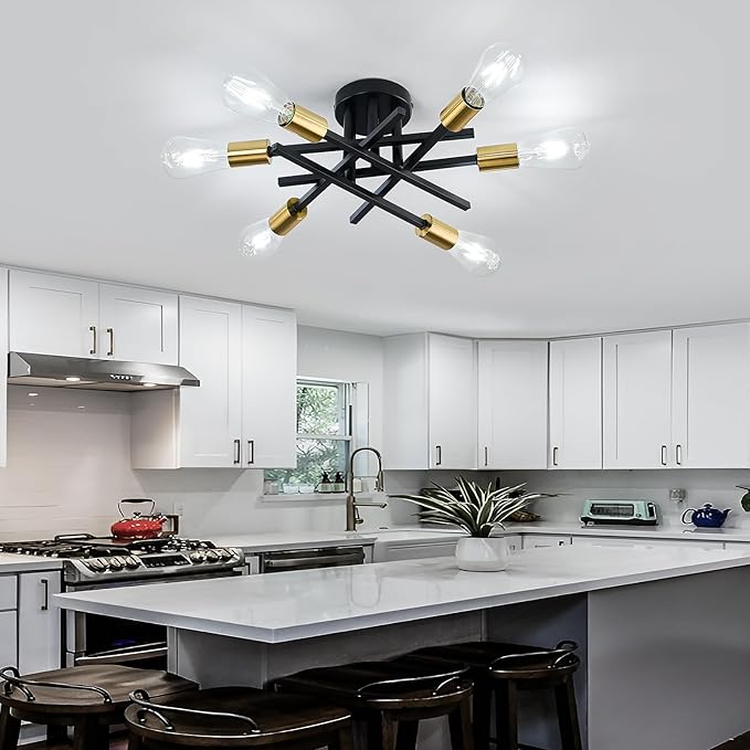 6-Lights Sputnik Semi Flush Mount Ceiling Light Fixture Modern Metal Black and Gold Chandeliers with E26 Bulb Base Close to Ceiling Light for Kitchen Dining Room Living Room Hallway Bedroom
