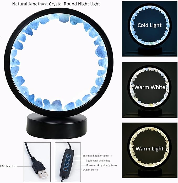 Runyangshi Celestite Night Light 8.6" Natural Healing Crystal Bedside USB Port 3 Colours Dimming Mode Bedroom Lamp Suitable Night Lamp Ideal Gift