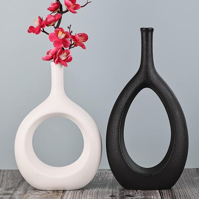 Black and White Ceramic Hollow Elliptical Vase Set of 2 - Boho Circle Vase with Hole, for Modern Black and White Table Decor, Living Room Decor Shelf mid Century Modern Home Entrance Decorative vase