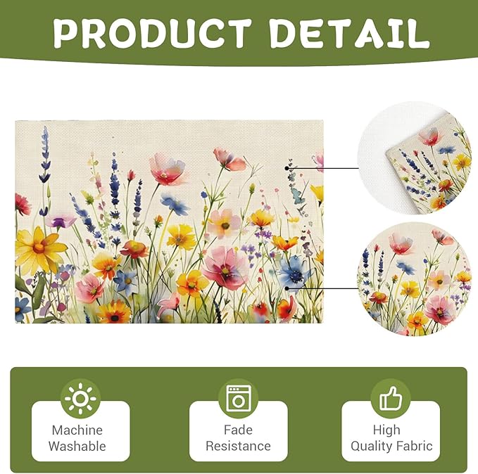 Daisy Lavender Floral Spring Garden Placemat Set of 4,12x18 Inch Garden Plants Linen Washable Fabric Table Mats for Holiday Decoration Kitchen Dining Table Place Mats
