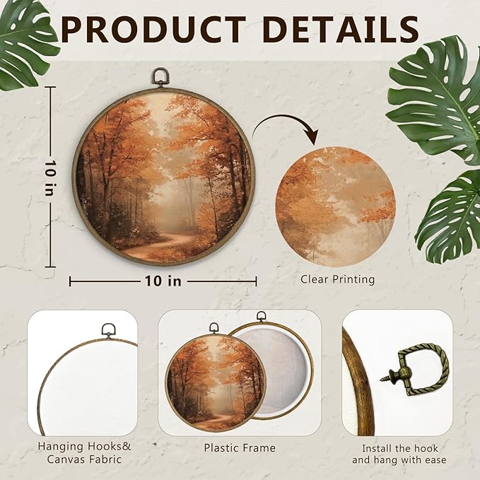 Gnmduw Rustic Fall Wall Art Framed, Fall Pictures Wall Decor, Vintage Autumn Landscape Round Hanging Wall Decor, Moody Halloween Canvas Prints Art for Living Room Bathroom Gallery Bedroom, 10x10 Inch