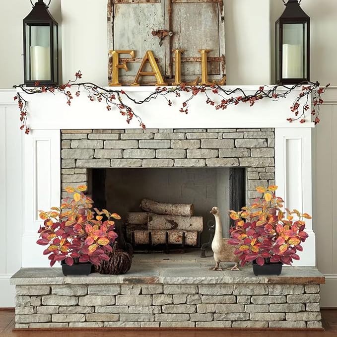 Briful 15.7" Fake Fall Bonsai Plant in Black Pot, Artificial Autumn Eucalyptus Plant with Red Orange Leaves Faux Plant Indoor for Home Office Room Shelf Table Centerpiece Thanksgiving Decor