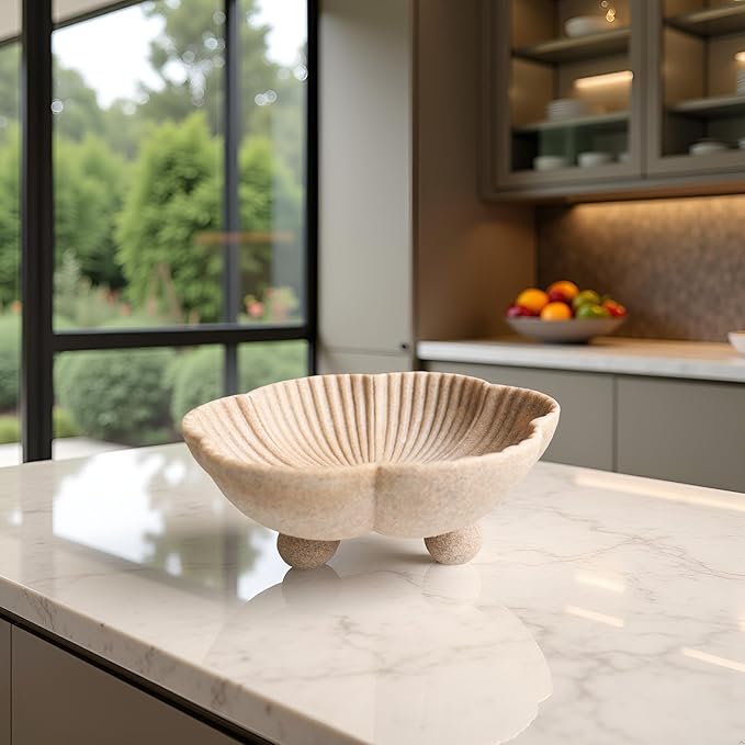 Large Decorative Bowl decor, Scalloped Pedestal Bowls for Modern Home Decor,Ruffle Decor,Stylish Key Bowl for Entry Table,Decorative Fruit Bowl for Kitchen Counter, Artificial Stone Beige