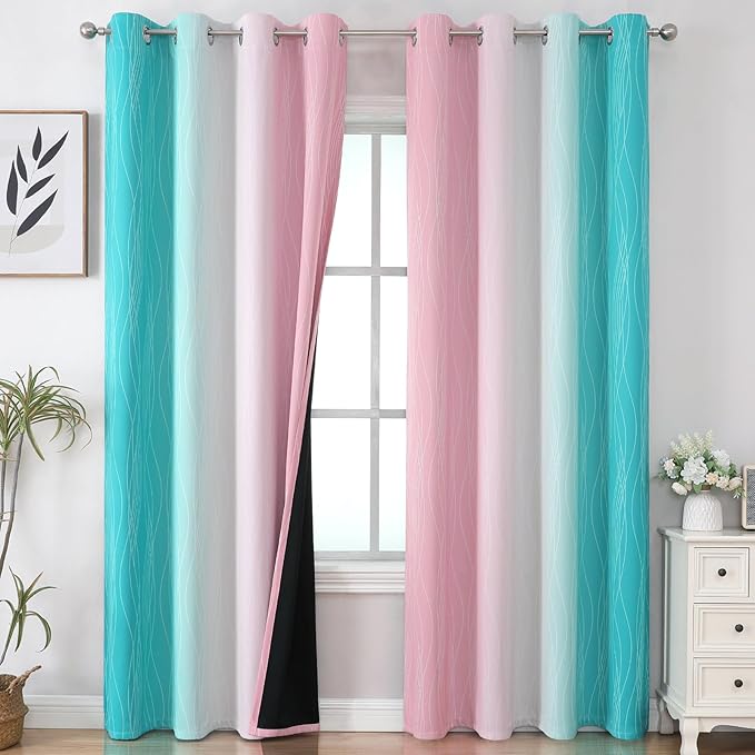 Estelar Textiler Pink and Teal Ombre Blackout Curtains 90 Inches Long 2 Panels Set, Thermal Insulated Drapes for Bedroom, Full Light Blocking Grommet Gradient Curtains for Living Room, 52Wx90L