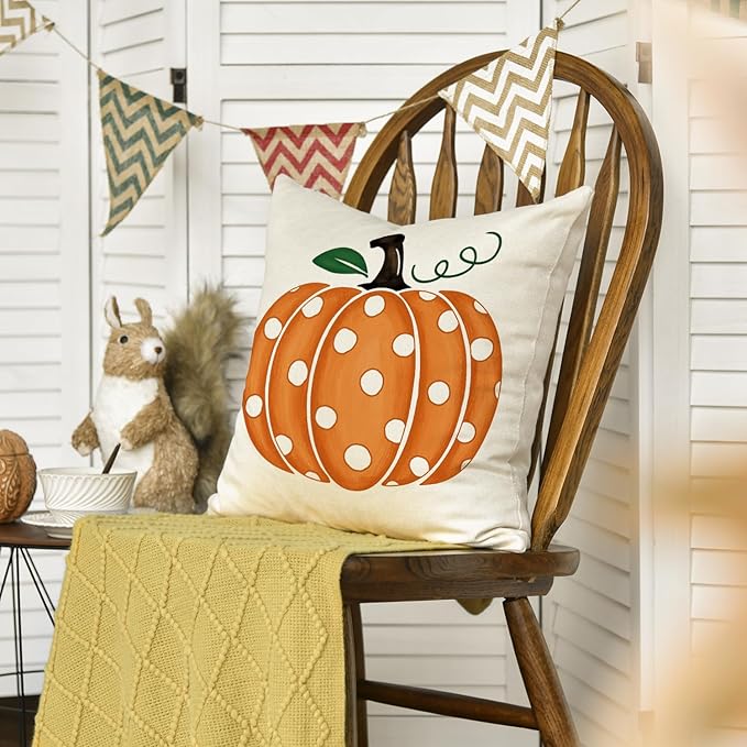 AVOIN colorlife Fall Polka Dots Pumpkin Throw Pillow Cover 20x20 Inch, Seasonal Autumn Thanksgiving Harvest Decoration for Home Sofa Couch
