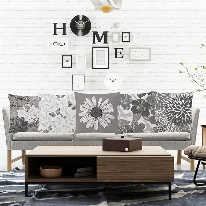 COMMINY Grey Pillow Covers 18x18 Set of 6 Decorative Daisy Flower Throw Pillow Cover for Couch Modern Cushion Cover for Patio Living Room Cushion Bed Farmhouse Home Decor