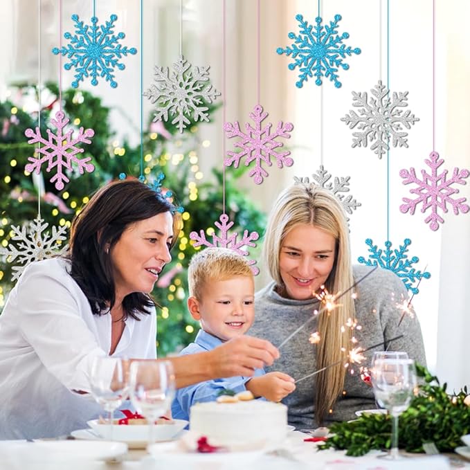 Winter Snowflake Hanging Ornaments Decors, Frozen Snowflakes Ceiling Streamers Sparkly Snow Decor for Christmas Birthday Winter Wonderland New Year, Glitter Pink Blue Sliver Snowflake Garland