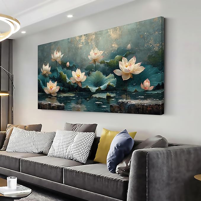 ZESTFLICKR Wall art of lotus pond, canvas decoration, used for religious yoga rooms and cicada-themed spaces, home and living room decoration, gifts, hand-painted works, masterpieces. (23x46inch)