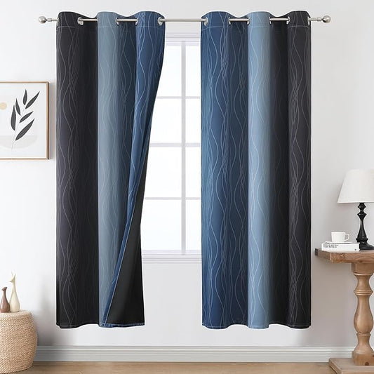 Estelar Textiler Navy Blue and Black Ombre Blackout Curtains 72 Inches Long, Full Room Darkening Grommet Curtains for Bedroom, Thermal Insulated Light Blocking Gradient Drapes, 42Wx72L, 2 Panels